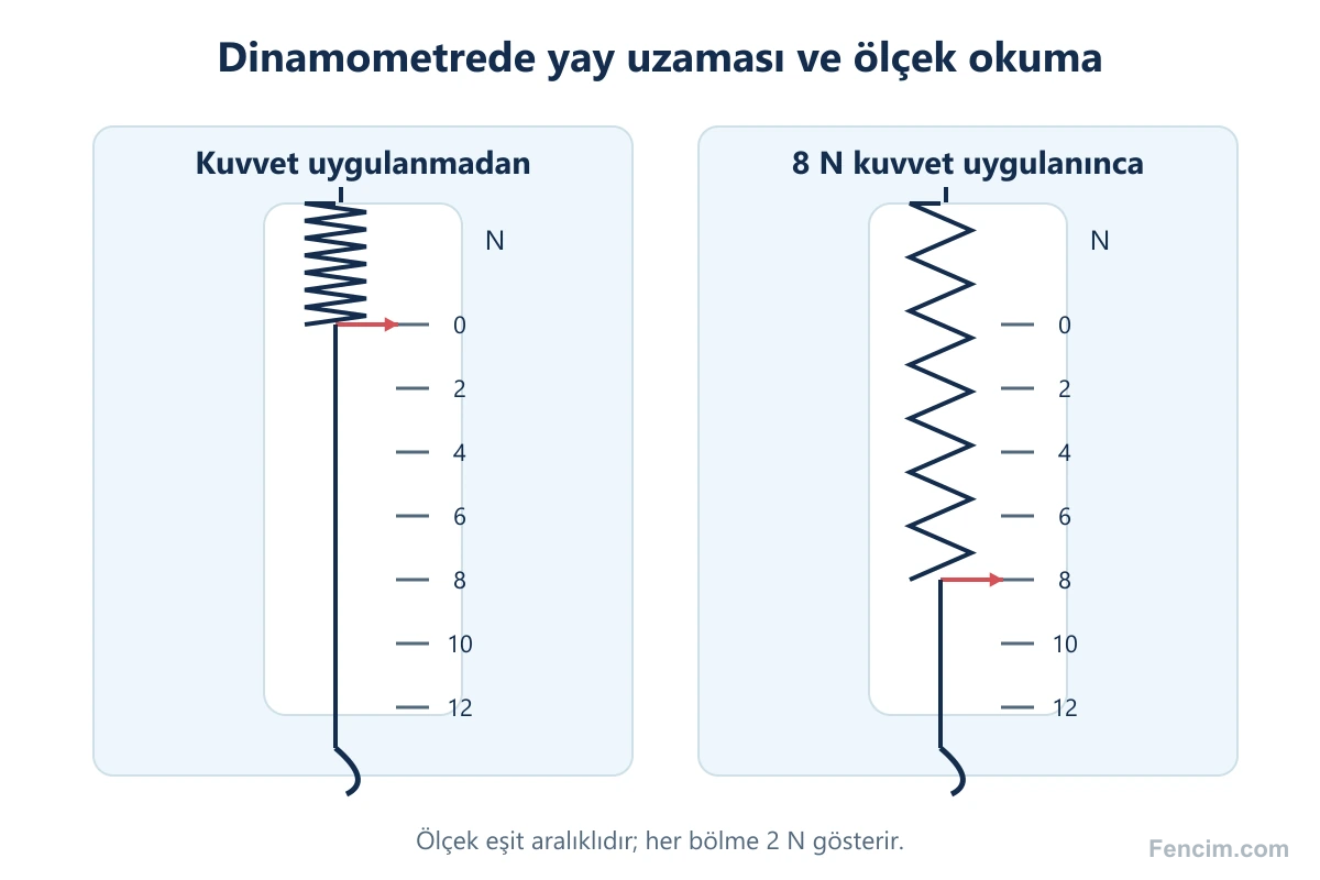 Yüksüz dinamometre ile göstergesi 8 newtonu gösteren aynı dinamometrenin karşılaştırılması.