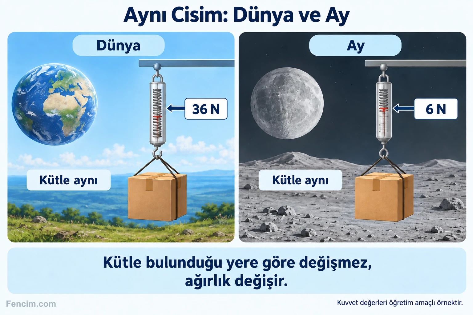 Aynı kutunun Dünya ve Ay’da kütlesi korunurken ağırlığının 36 N’den yaklaşık 6 N’ye değişmesi.