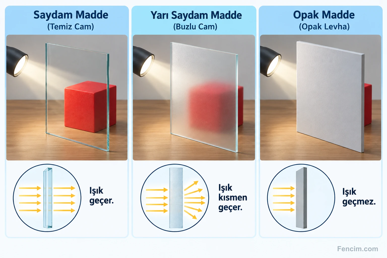 Aynı nesnenin saydam camdan net, yarı saydam camdan bulanık görünmesi ve opak levhada görünmemesi.
