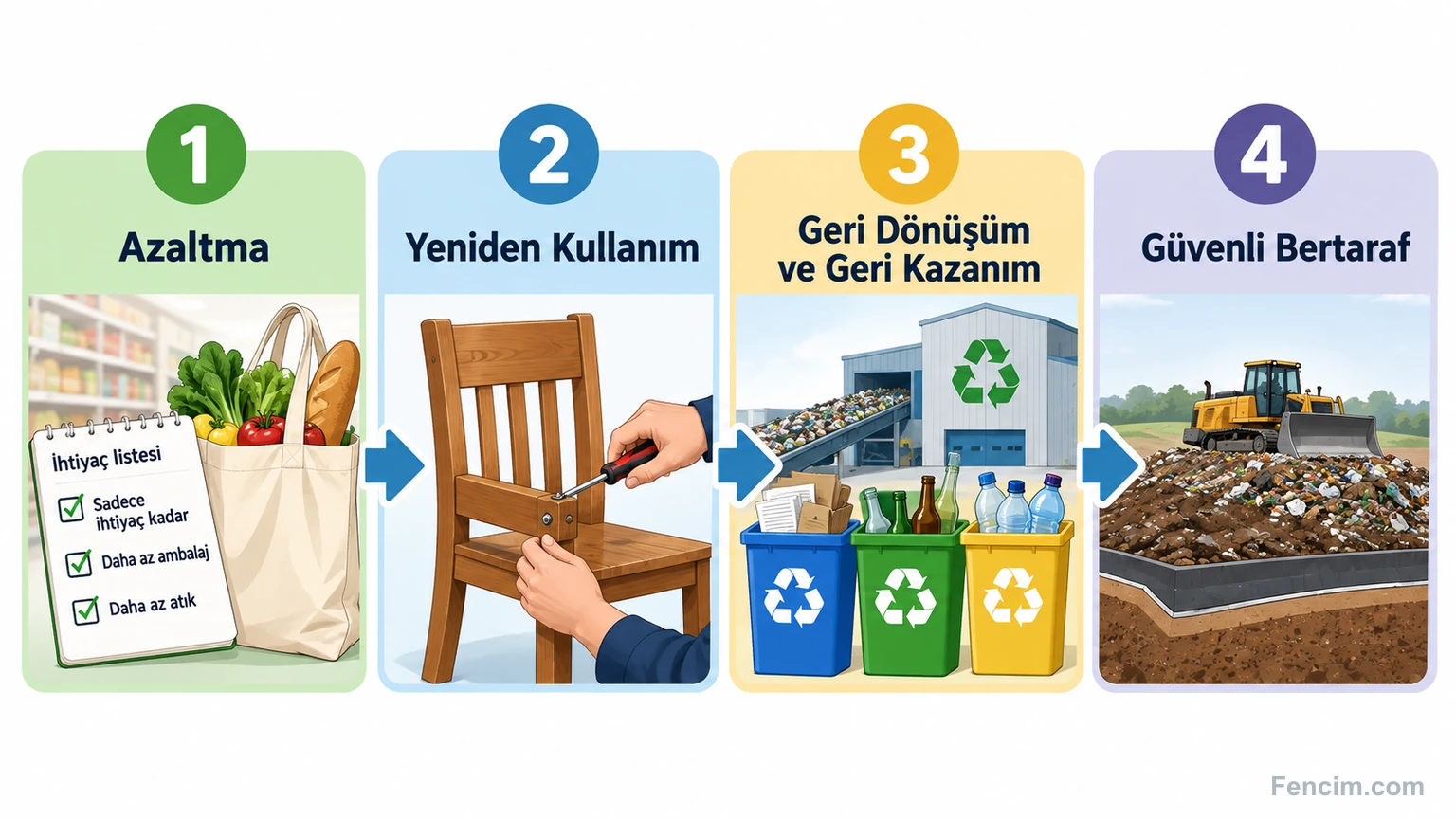 Atığı azaltma, yeniden kullanma, geri dönüştürme ve güvenli bertaraf etme öncelikleri.