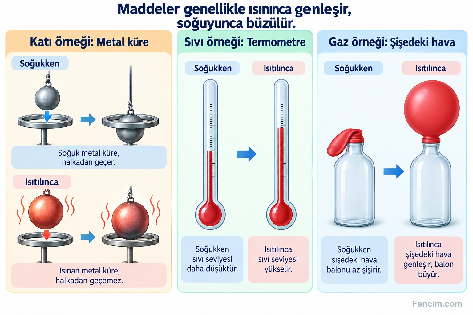Metal küre, termometre sıvısı ve esnek balondaki havada sıcaklığa bağlı genleşme örnekleri.