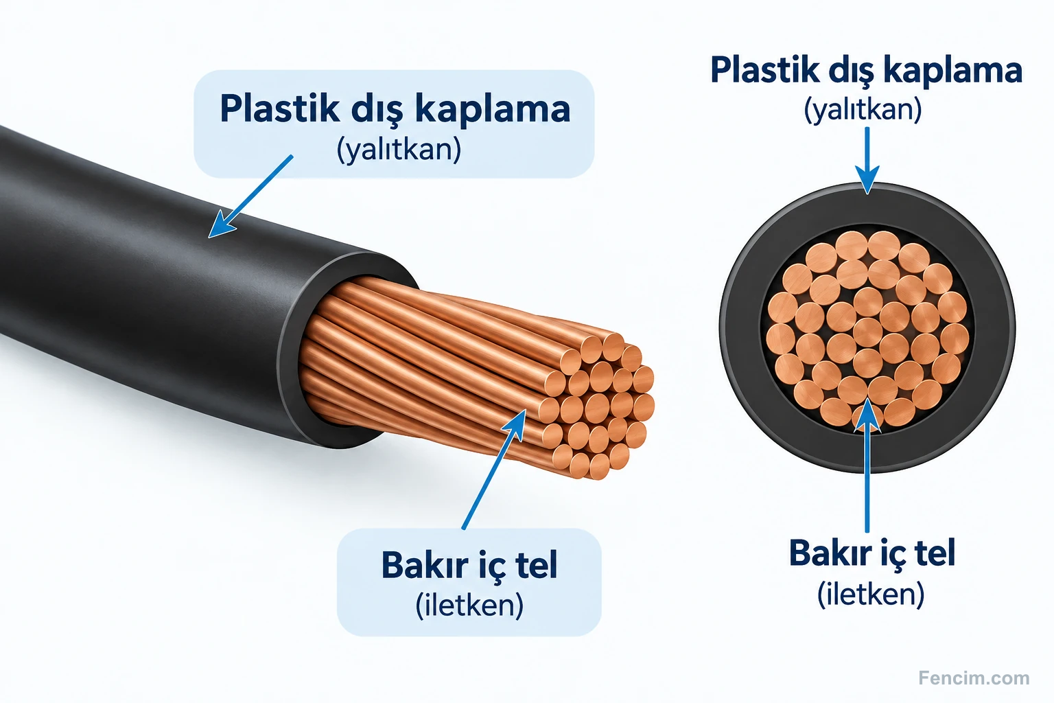 Kablonun iletken metal iç kısmı ile yalıtkan dış kaplamasının kesiti.