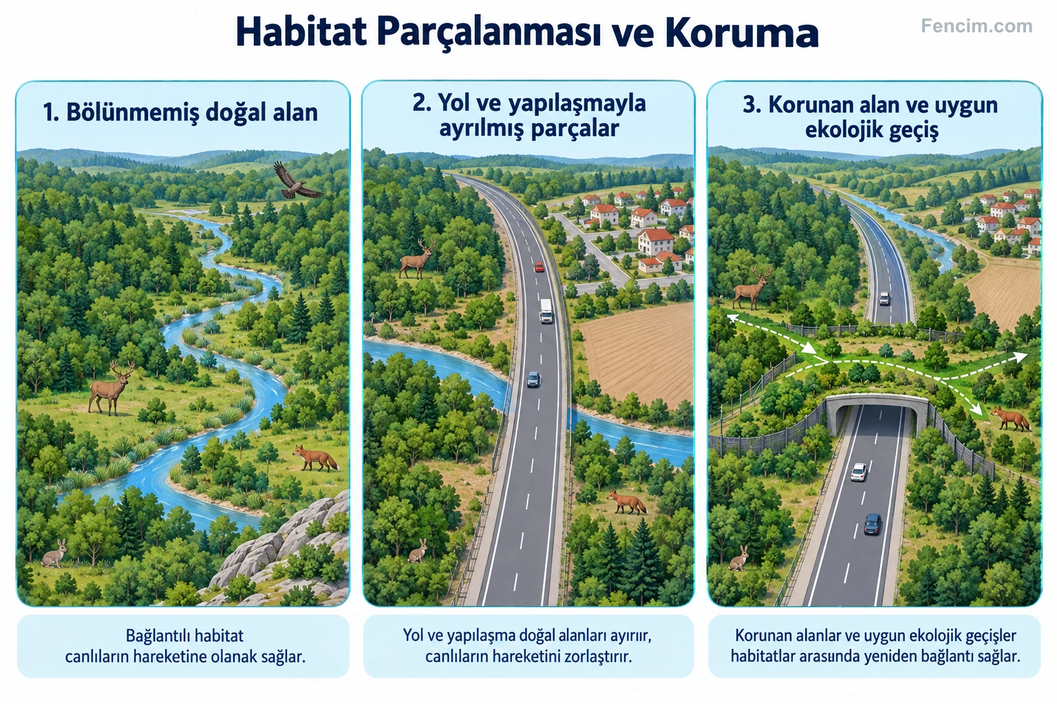 Habitatın parçalanması ve doğal alanlar arasındaki bağlantıların korunması.