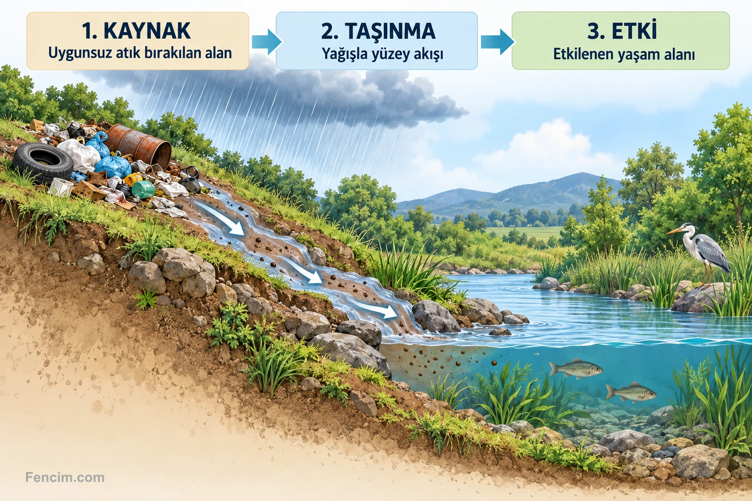 Uygunsuz atık bırakılan bir alandan yüzey akışıyla su ortamına kirletici taşınması.