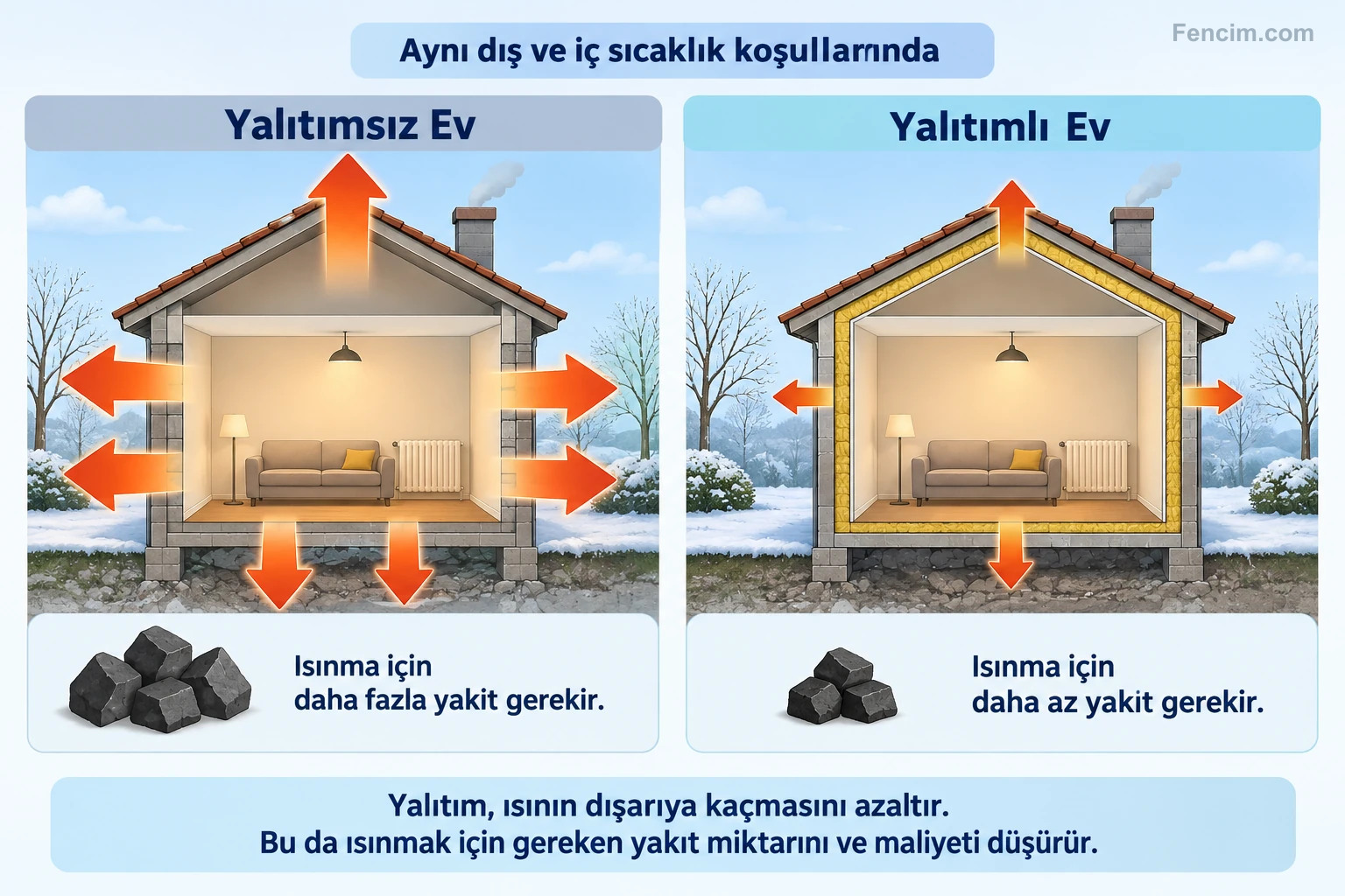 Benzer koşullarda yalıtımın dışarıya ısı aktarımını ve ısınma için gereken enerjiyi azaltması.