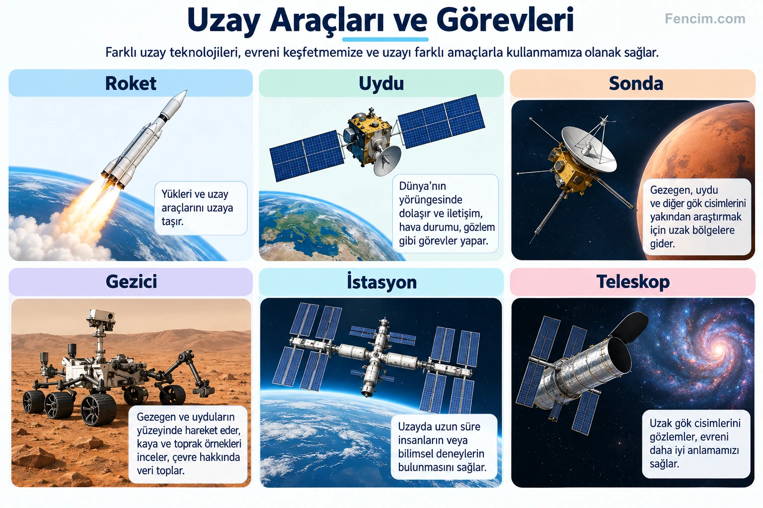 Uzay roketi, yapay uydu, sonda, gezici araç, istasyon ve teleskobun görev karşılaştırması.