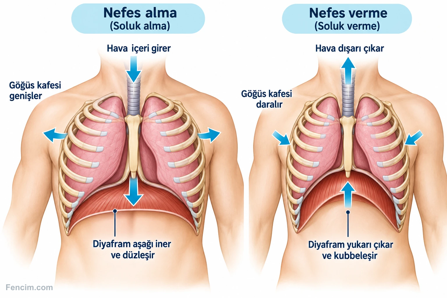 Diyaframın konumu ve göğüs hacminin soluk alma ile verme sırasında değişimi.