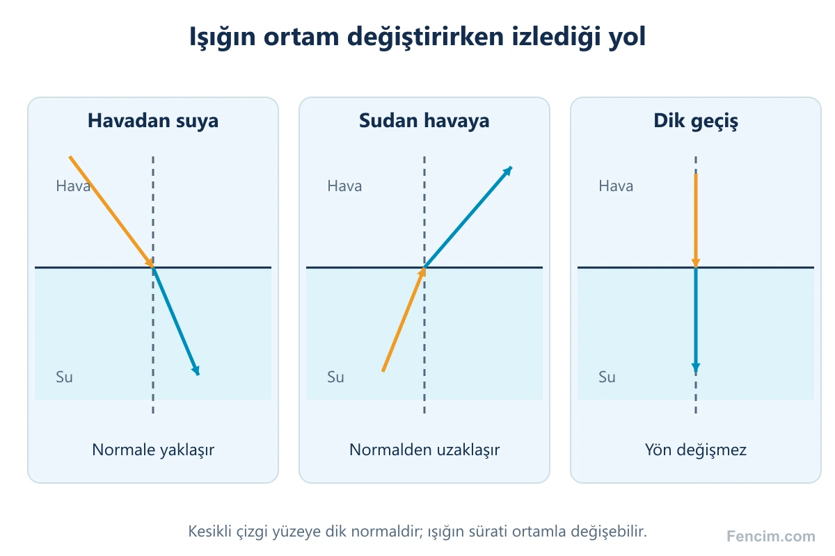 Hava ve su arasındaki eğik ve dik geçişlerde ışığın normale göre izlediği yol.