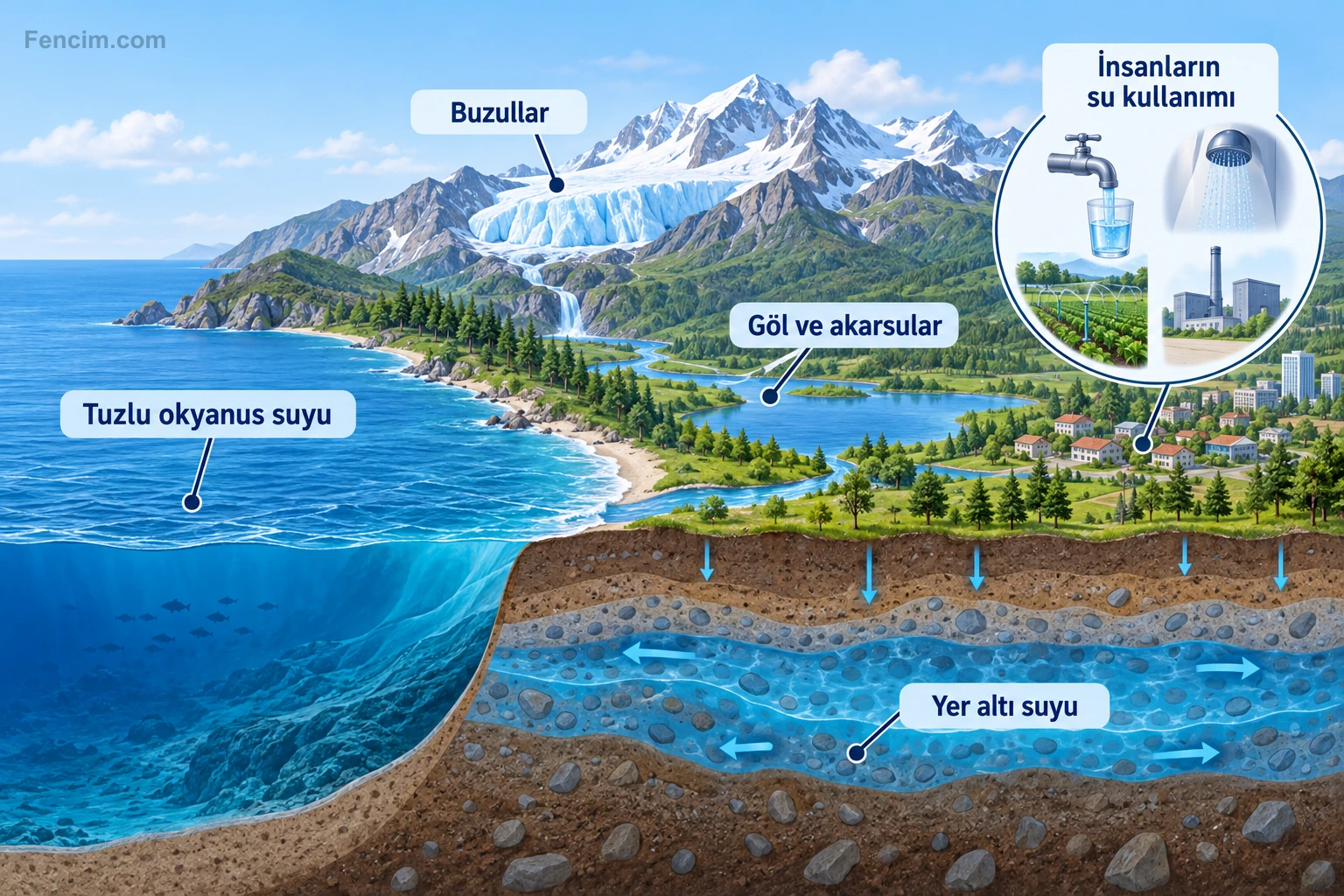 Tuzlu su, buzul, yüzey suyu ve yer altı suyu kaynaklarının karşılaştırılması